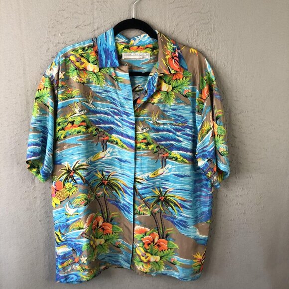 Anne Pinkerton Shirt Womens Medium Multicolor Silk Hawaiian Surfer Scenic 90s - Picture 3 of 16